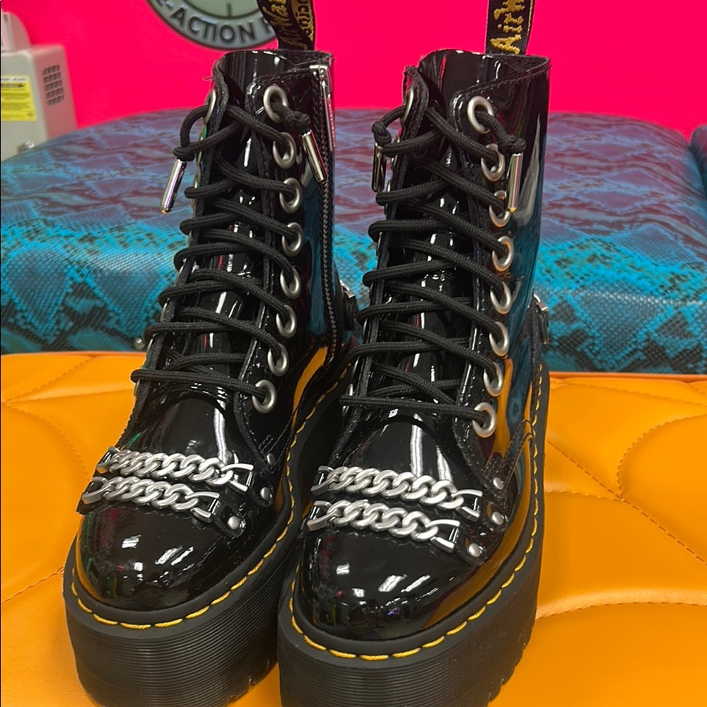 Dr. Martens Black Combat Moto Boots with Chain Detail